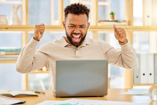 Black man, winner and celebrating stock sale, profit and success online with laptop. Business trader gets high return, reward for investment and crypto currency. Excited, happy and cheering economist