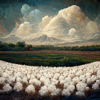 Cotton fields ready for harvesting, snow mountains and clouds.