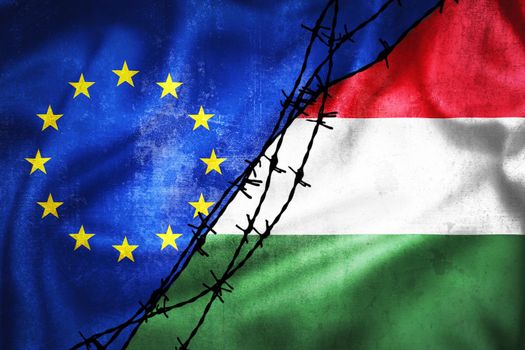 Grunge flags of EU and Hungary divided by barb wire illustration