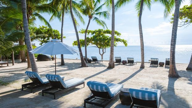 Tropical beach with palm trees and beach chairs on a white beach in Hua Hin Thailand