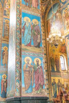 RUSSIA, PETERSBURG - AUG 21, 2022: petersburg christ russia church saint russian building st icon, for painting savior for na and religion mosaic, dome spilt. Pattern st columns,