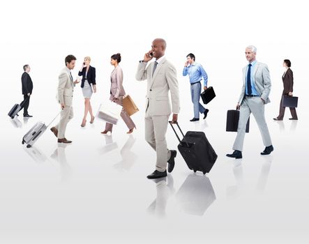 Places to go...businesspeople on the move with suitcases and cellphones.