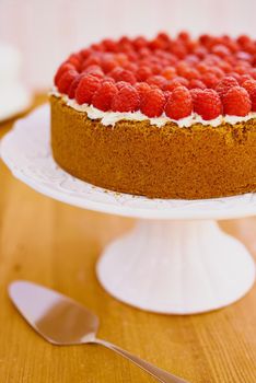 This cake speaks a thousand words. a delicious cheese cake topped with cream and fresh raspberries.