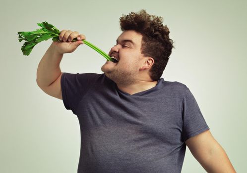 Is this how you eat it. an overweight man biting into a celery stick.