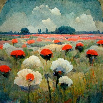 Beautiful poppy field and cloudy sky. Spring flower background, shallow depth of field. Field of wild flowers.