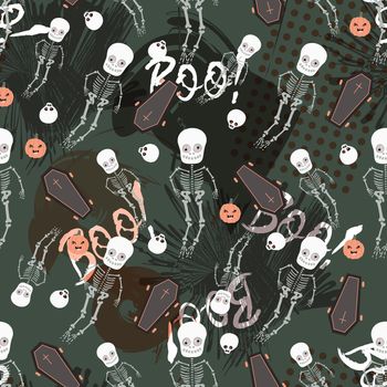 Halloween pattern. Skeletons and bats. Halloween seamless pattern.