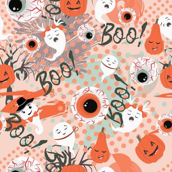 Halloween pattern. Ghosts and bats. Halloween seamless pattern