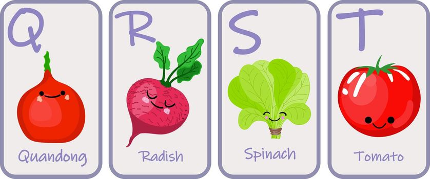 Illustration with funny characters. Children s font in cartoon style VEGETABLES . Set of multicolored bright letters for inscriptions AND TRAINING. Vector illustration of the alphabet.