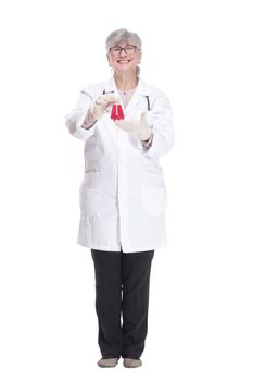 smiling medical woman with a laboratory flask in her hands.