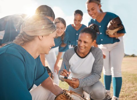 Baseball, sports and coach in team management, collaboration and development during practice on the outdoor pitch. Happy competitive women in sport discussion, coaching and training for game or match