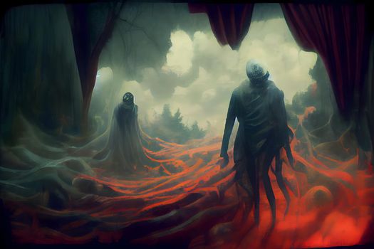 creepy nightmare creature figures in fantasy spooky realm, neural network generated art