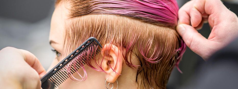 Combing the hair of a young woman during coloring hair in pink color at a hair salon close up