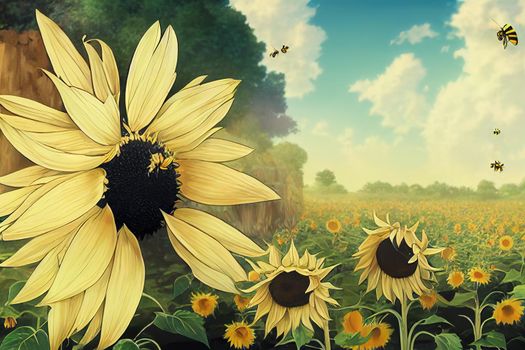 anime style, Bee over the sunflower flower 2d