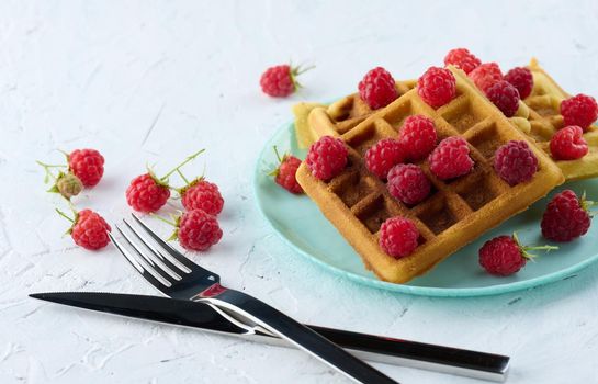Stack of baked Belgian waffles with ripe red raspberry