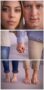 Levels of love. Split view of a young couple in varying shots depicting togetherness.