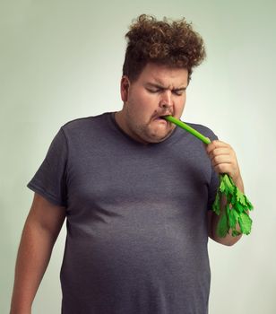 Dieting is definitely not fun. an overweight man biting into a celery stick.