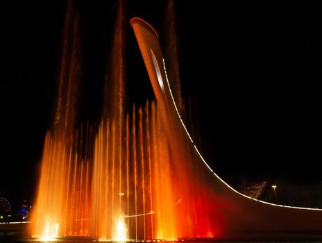 SOCHI, RUSSIA - JUNE, 05, 2021: The Waters of the Sochi Park, Water night show accompanied by classical music