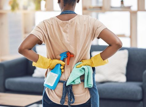 Black woman, spring cleaning and ready with bottle spray, cloth and gloves for hygiene, fresh home and lounge. Back of female cleaner service, maid and housekeeper disinfect in routine household task