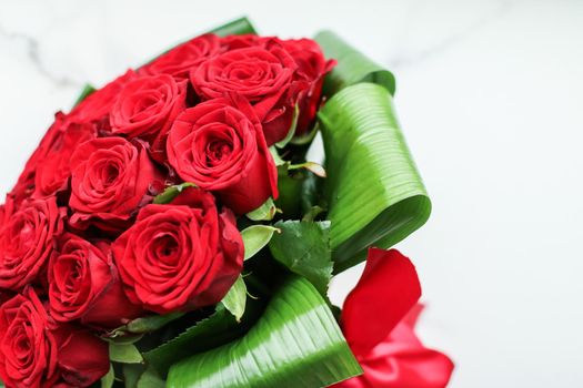 Holiday love present on Valentines Day, luxury bouquet of red roses