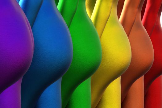 3d illustration. Close-up of multicolored naked female buttocks. Rainbow. metal.