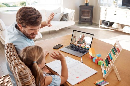 E learning, video call and teacher with child and dad study education or homework at home. Virtual, online and distance learning with father and girl student remote, class or school