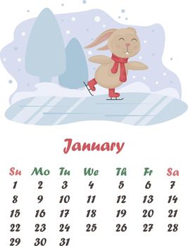Calendar January. Cute calendar with a picture of a rabbit skating on ice. Winter illustration with a cute hare on ice. Vector