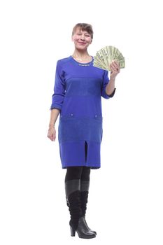 Business woman holding fan of cash money in dollar banknotes