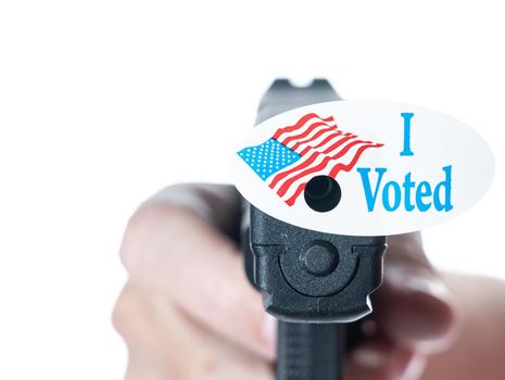 I voted today campaign button with hole on handgun for voter suppression