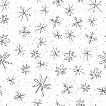Hand Drawn Snowflakes Christmas Seamless Pattern. Subtle Flying Snow Flakes on chalk snowflakes Background. Amusing chalk handdrawn snow overlay. Artistic holiday season decoration.
