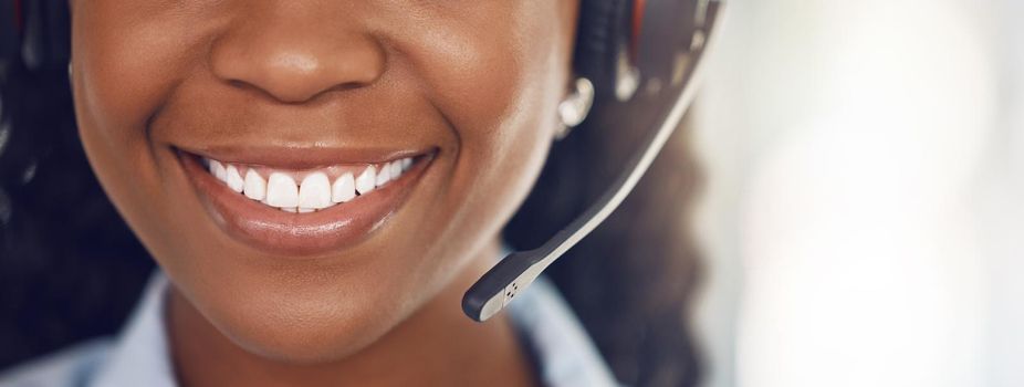 Telecom, call center and customer support consultant will help you with sales, loan and insurance assistance. Happy, contact us and black woman in headset consulting and helping clients with a smile