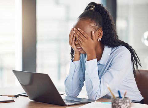 Stress, sad and burnout business woman in office with laptop from depression, mental health or anxiety. Employee with 404, glitch or tech error with tax, audit and report mistake or headache at work
