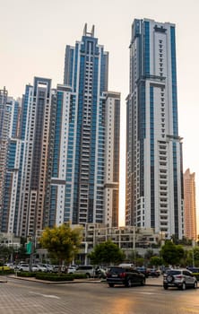 Dubai, UAE - 08.04.2021 - Modern towers Business bay district of Dubai. Urban architecture