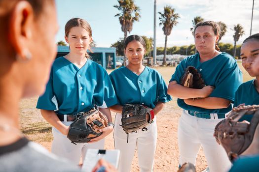 Coach of girl team in baseball, give strategy to players before game or match. Trainer of woman softball squad in huddle, give talk on teamwork and plan, for winning sport competition or trophy