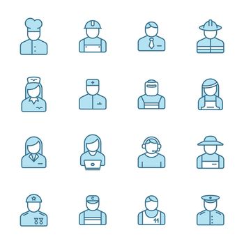 occupation line filled icons in two colors isolated on white background. occupation blue icon set for web design, ui, mobile apps, print polygraphy and promo business