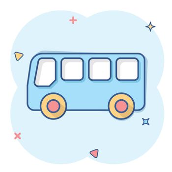 School bus icon in comic style. Autobus vector cartoon illustration on white isolated background. Coach transport business concept splash effect.