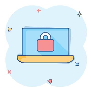 Cyber security icon in comic style. Padlock locked vector cartoon illustration on white isolated background. Laptop business concept splash effect.