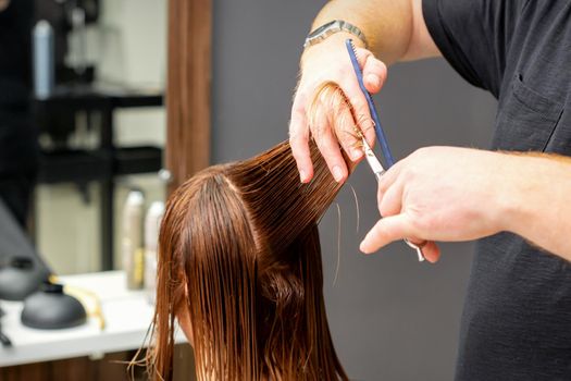 Woman having a new haircut. Male hairstylist cutting brown hair with scissors in a hair salon.