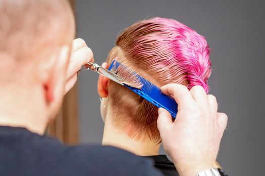 Woman having a new haircut. Male hairstylist cutting pink short hair with scissors in a hair salon.