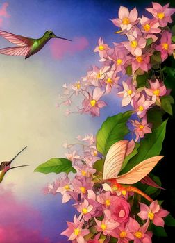 a beautiful pastel hummingbird and trumpetvine flower. digital painting.