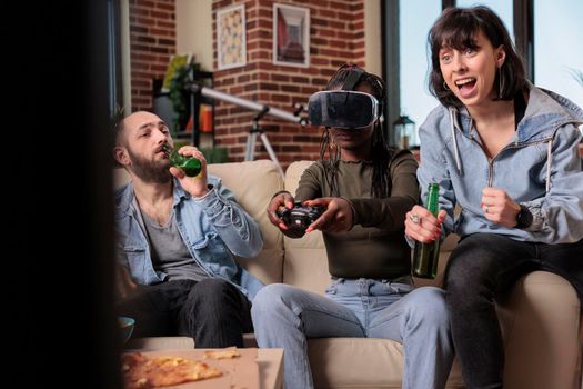 Young people using vr glasses to play video games