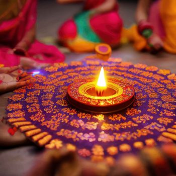 illustration of the Oil lamps lit in the colorful rangoli during the celebration of diwali.