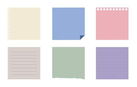 Set of different note papers on isolated background.