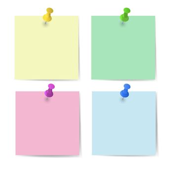 Memo paper with pins for office paperwork. Fastener, paperclip with blank notepaper. Attaching binder with white note sheet. Set of isolated color paperclip for text. Clips and list. vector eps10
