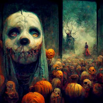 terrifying halloween illustration. hallowen illustration, ghots, pumpkin, witch, spirit