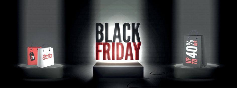 Black friday discounts realistic wide vector banner template with podium and pedestal in spotlights