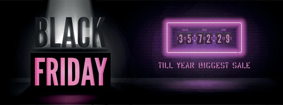 Black friday neon countdown timer vector banner template