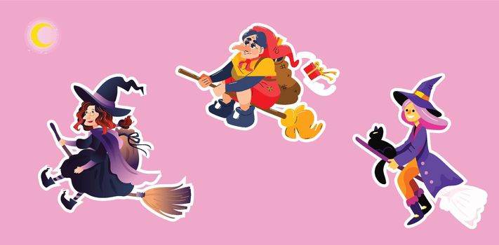 set of witch stickers flying on broom