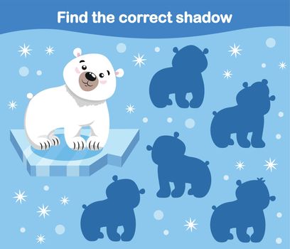 A series of mini games for young children. Wild animals of the Arctic and Antarctic. Game find the correct shadow from the bear. Cute hand drawn animals in a simple style for toddlers, preschoolers