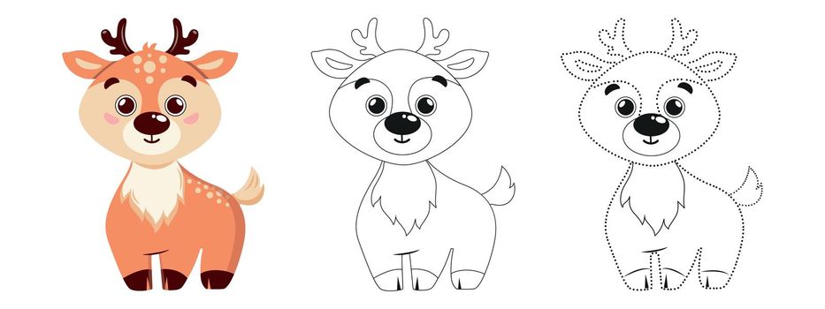 Education, preschool education. card with coloring book deer, reindeer. Connect the dots, learning to write. A series of animals of the arctic and antarctic. Cute hand drawn animals in a simple style