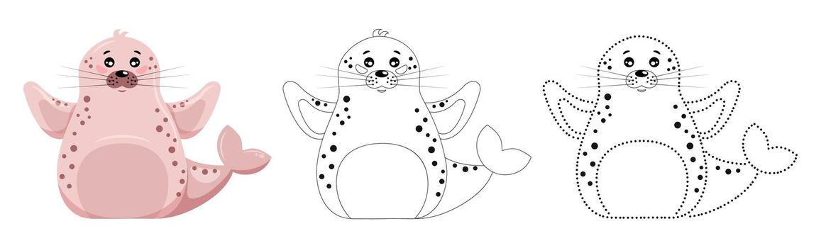 Cute fur seal, seal. Animals of the Arctic. Color the wild animal. Education